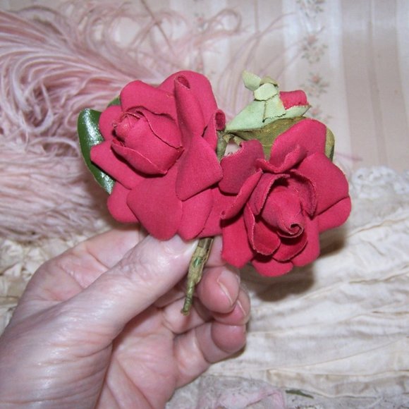 Corsage Spray of Fabric Flowers - Red Roses  and Bud | Millinery Hat Decoration - Picture 4 of 5